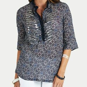 Figue Jasmine Tunic Top Lightweight 3/4 Sleeve Sequin Embellished Size Small